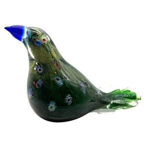 Handblown Green Millefiori Art Glass Bird Figurine Blue Beak Tail  5.5 L X 4" H
